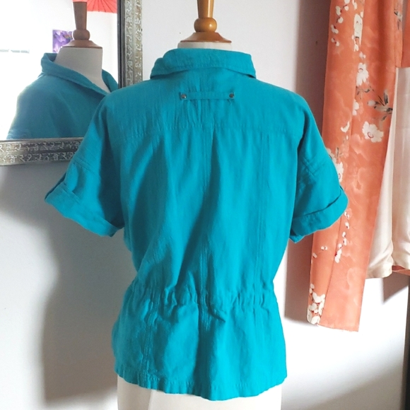 Chico's 100% Cotton Turquoise Drawstring Short Sleeve Top Size Large - Picture 5 of 13